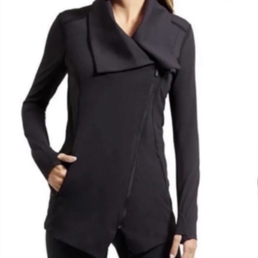 Athleta Blissout Jacket Small Black Moto Asymmetrical Thumbholes Pockets - Picture 14 of 15